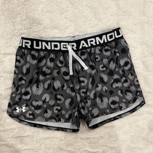 Under Armour Youth Large Athletic Shorts Gray Leopard Print Drawstring EUC